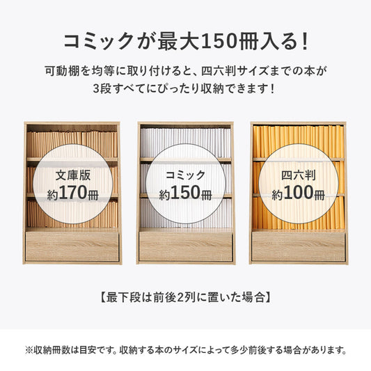 1cmピッチ可動 本棚 幅60cm ロータイプ 可動棚2枚 引出し付