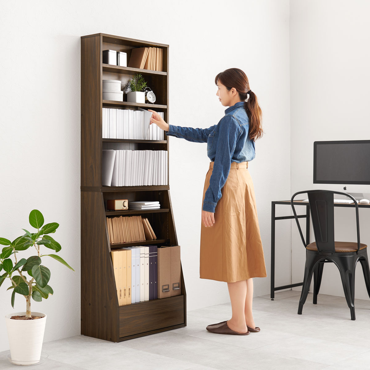 1cmピッチ可動 本棚 幅60cm ハイタイプ 可動棚5枚 引出し付