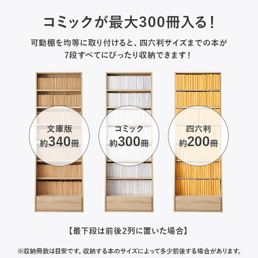 1cmピッチ可動 本棚 幅60cm ハイタイプ 可動棚5枚 引出し付