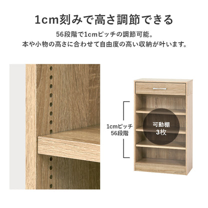 1cmピッチ可動 本棚 幅60cm 可動棚3枚 引出し付