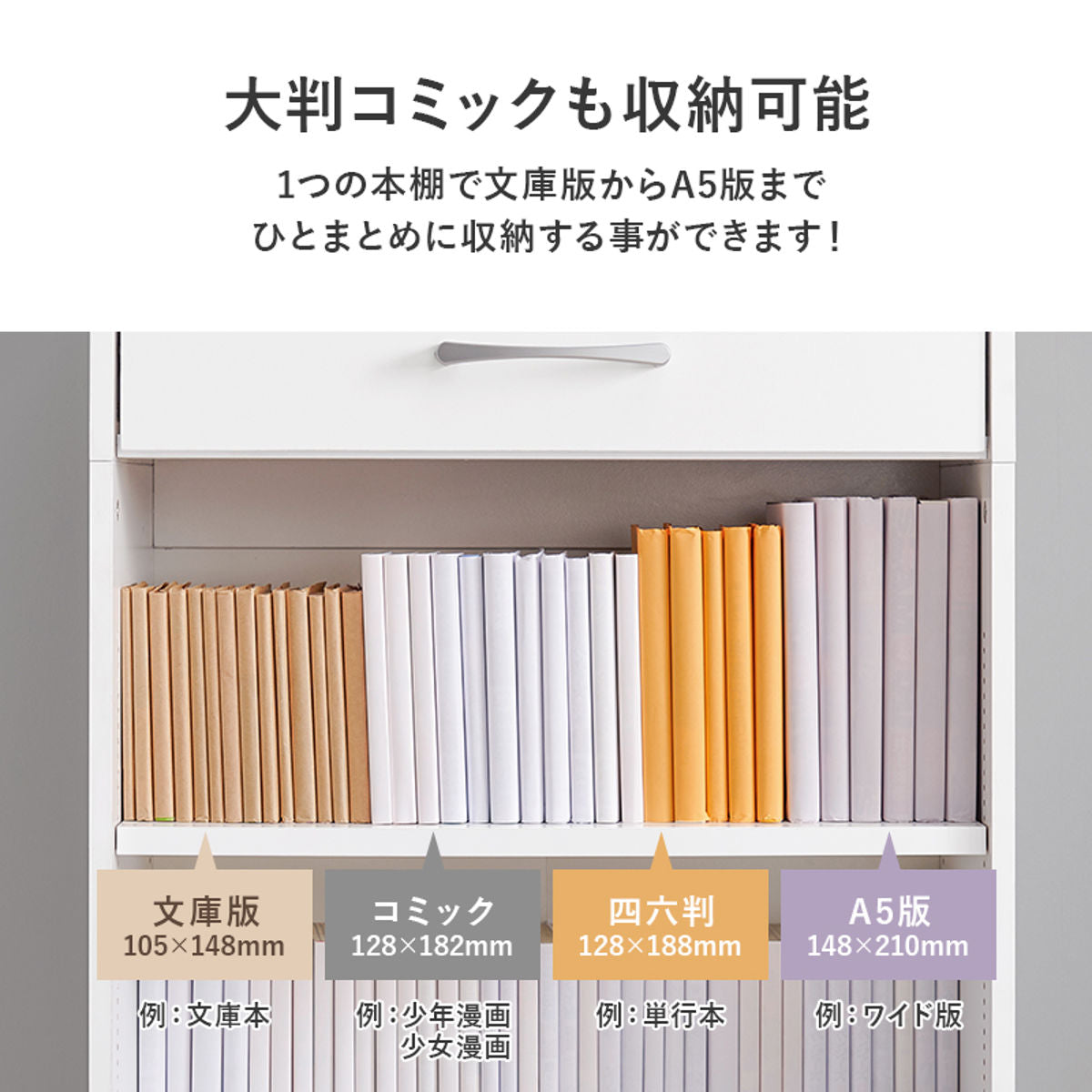 1cmピッチ可動 本棚 幅60cm 可動棚3枚 引出し付