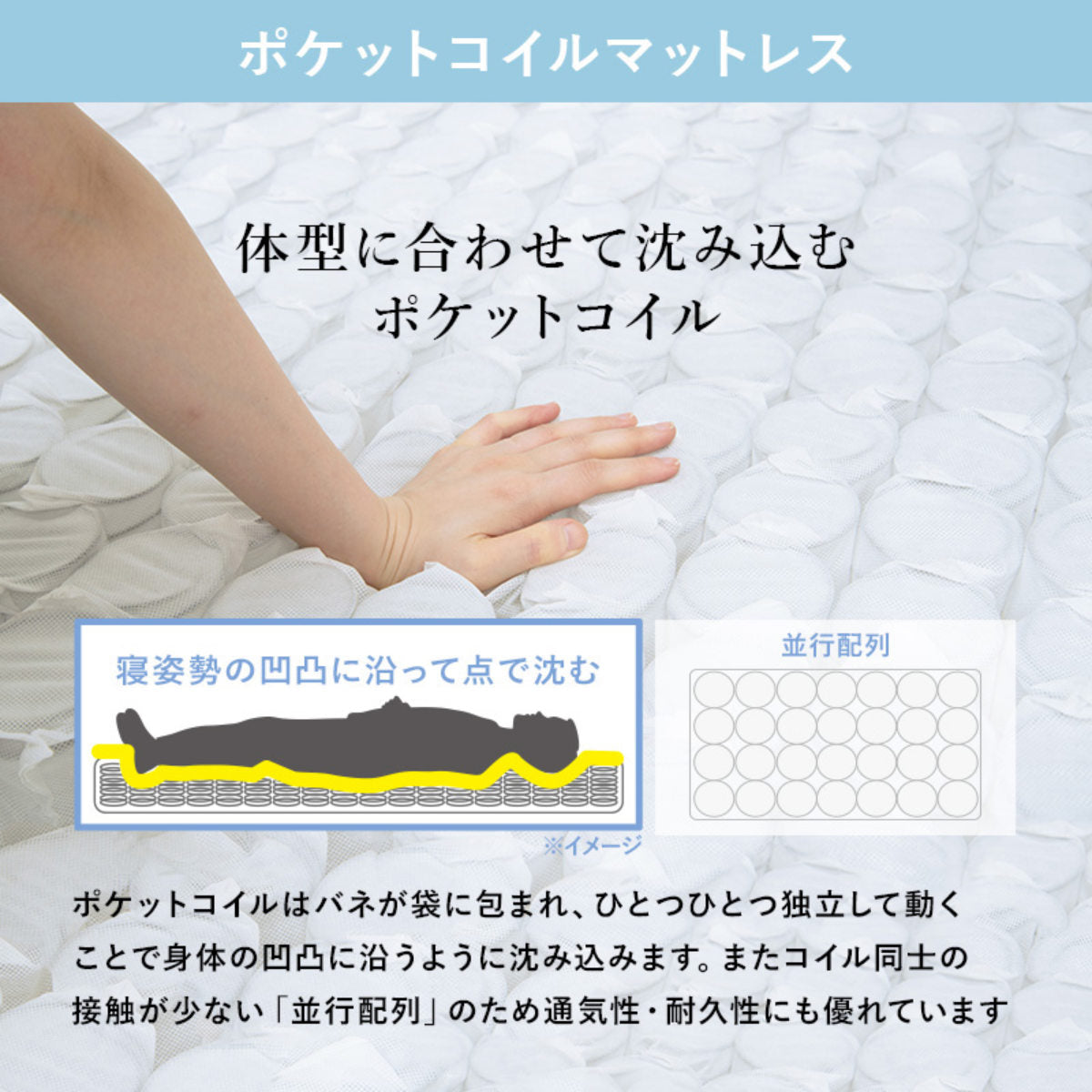 3分組立ベッド ポケットコイルマットレスセット シングルミドル 宮棚 2口コンセント付 高耐荷重 天然木