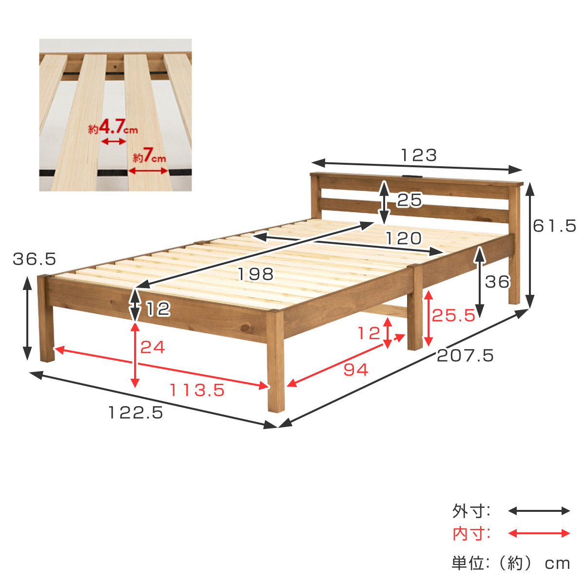 3分組立ベッド セミダブル ボンネルコイルマットレスセット 宮棚 2口コンセント付 工具不要 天然木