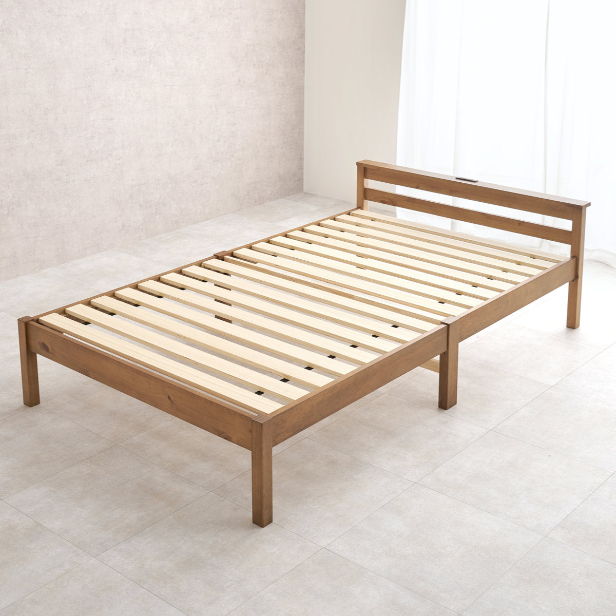 3分組立ベッド セミダブル ボンネルコイルマットレスセット 宮棚 2口コンセント付 工具不要 天然木