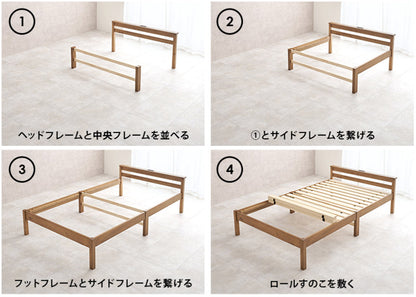 3分組立ベッド セミダブル ポケットコイルマットレスセット 宮棚 2口コンセント付 工具不要 天然木