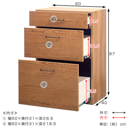 3段チェスト 本体 組合せキッチン収納 幅60cm ワイズシリーズ 日本製